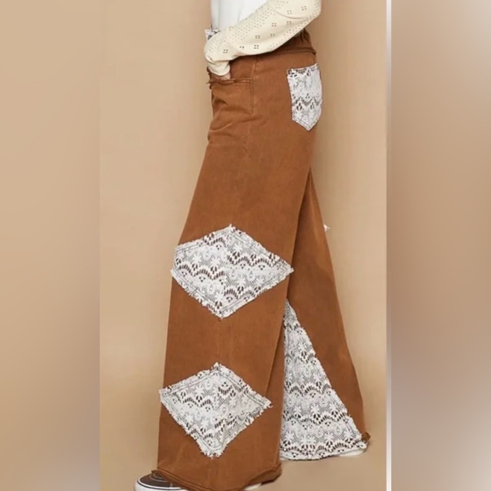 ❤️New POL Rustic Brown (like a mustard color) Lace Patchwork Wide-Leg Pants